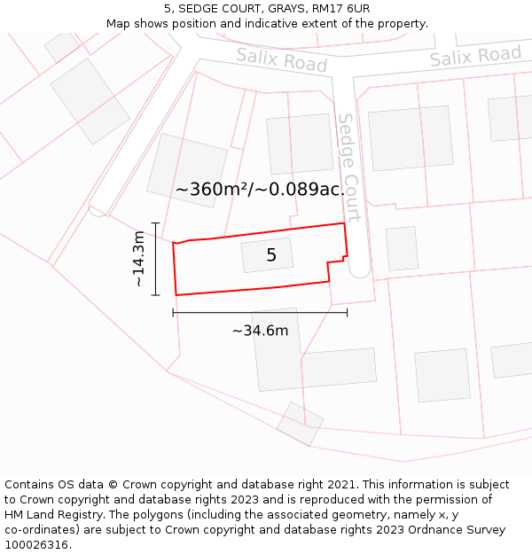 5, SEDGE COURT, GRAYS, RM17 6UR: Plot and title map