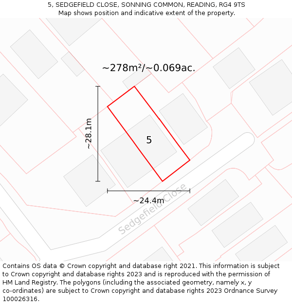 5, SEDGEFIELD CLOSE, SONNING COMMON, READING, RG4 9TS: Plot and title map