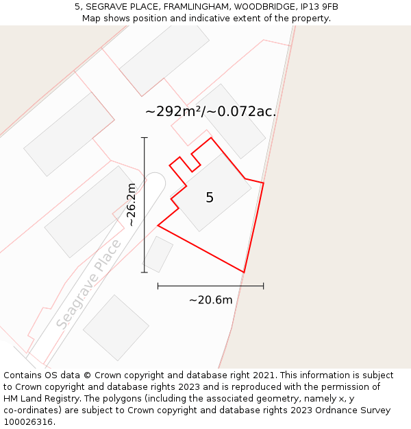 5, SEGRAVE PLACE, FRAMLINGHAM, WOODBRIDGE, IP13 9FB: Plot and title map