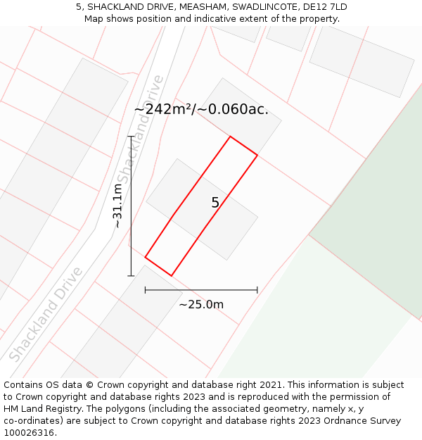 5, SHACKLAND DRIVE, MEASHAM, SWADLINCOTE, DE12 7LD: Plot and title map