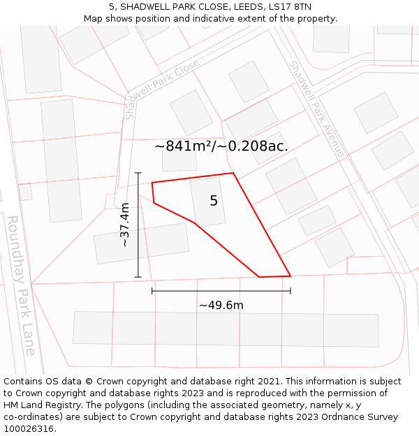 5, SHADWELL PARK CLOSE, LEEDS, LS17 8TN: Plot and title map