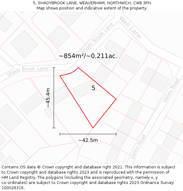 5, SHADYBROOK LANE, WEAVERHAM, NORTHWICH, CW8 3PN: Plot and title map