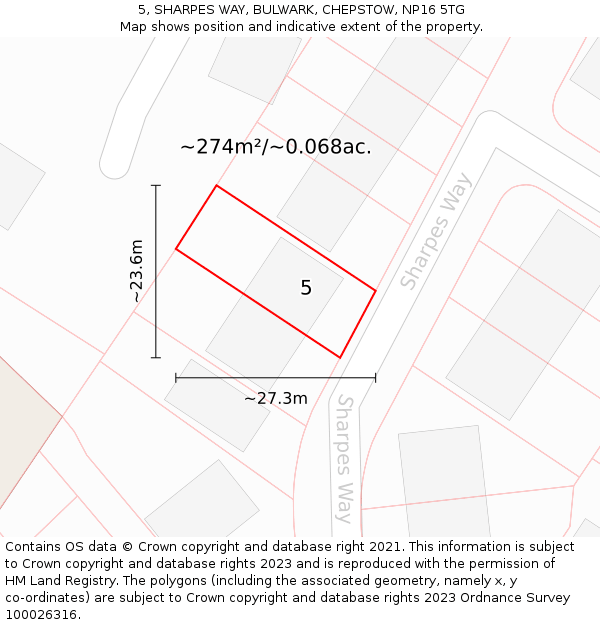 5, SHARPES WAY, BULWARK, CHEPSTOW, NP16 5TG: Plot and title map
