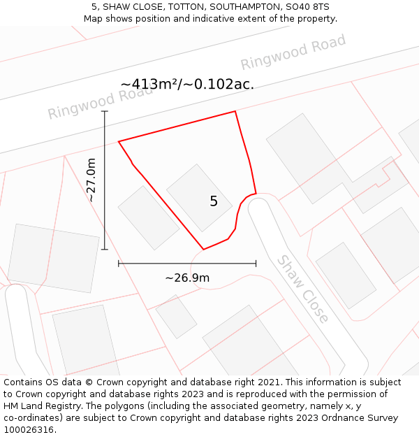 5, SHAW CLOSE, TOTTON, SOUTHAMPTON, SO40 8TS: Plot and title map