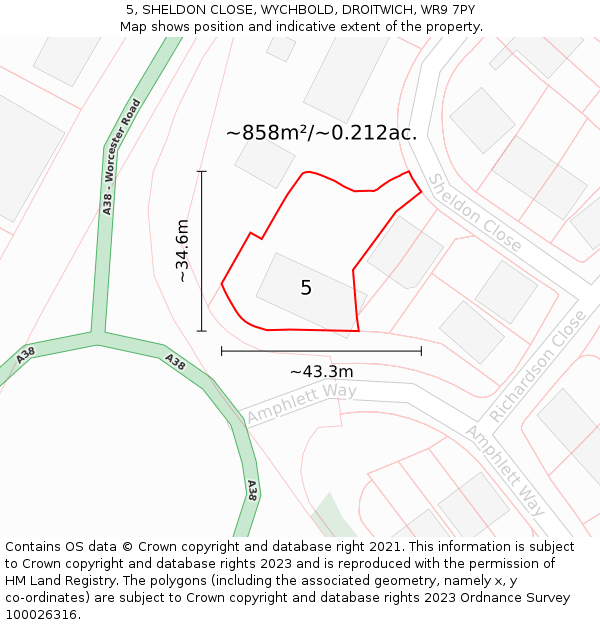 5, SHELDON CLOSE, WYCHBOLD, DROITWICH, WR9 7PY: Plot and title map
