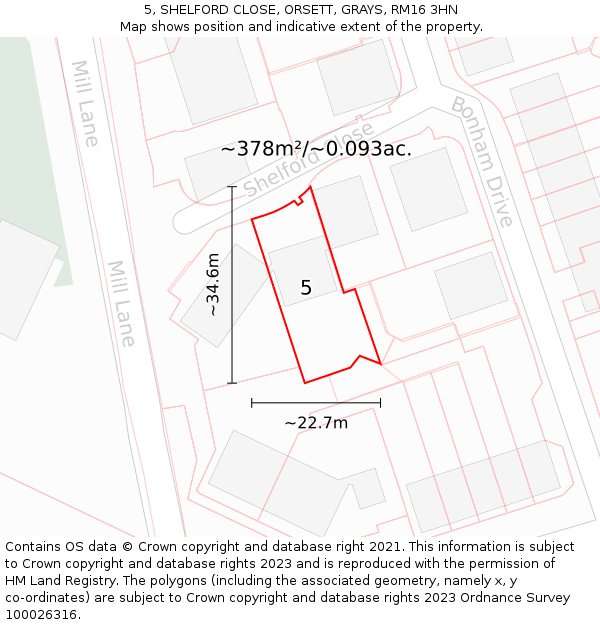 5, SHELFORD CLOSE, ORSETT, GRAYS, RM16 3HN: Plot and title map