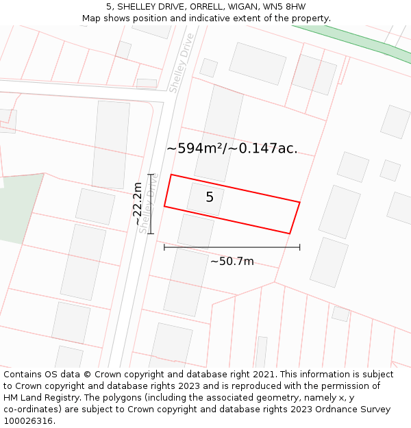 5, SHELLEY DRIVE, ORRELL, WIGAN, WN5 8HW: Plot and title map