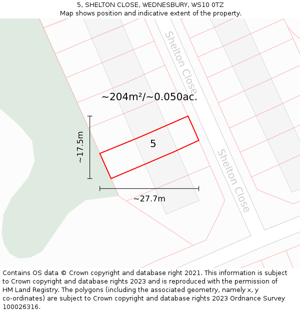 5, SHELTON CLOSE, WEDNESBURY, WS10 0TZ: Plot and title map
