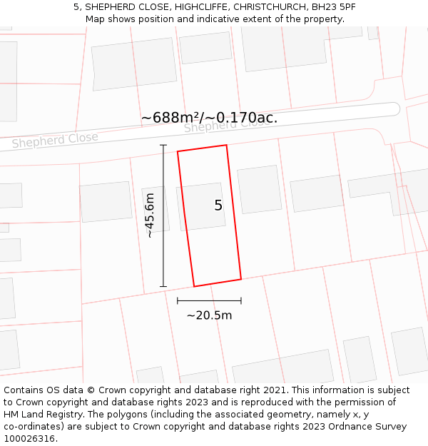 5, SHEPHERD CLOSE, HIGHCLIFFE, CHRISTCHURCH, BH23 5PF: Plot and title map