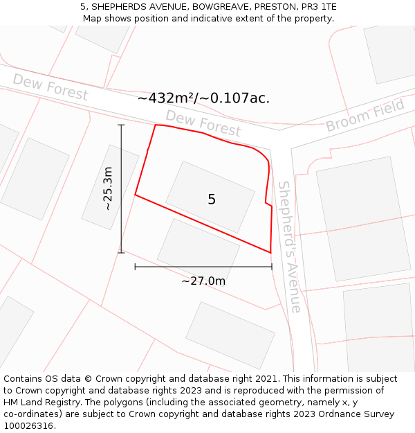 5, SHEPHERDS AVENUE, BOWGREAVE, PRESTON, PR3 1TE: Plot and title map