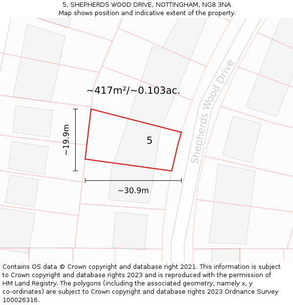 5, SHEPHERDS WOOD DRIVE, NOTTINGHAM, NG8 3NA: Plot and title map