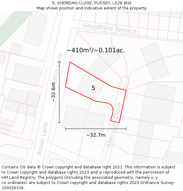 5, SHERIDAN CLOSE, PUDSEY, LS28 9NX: Plot and title map