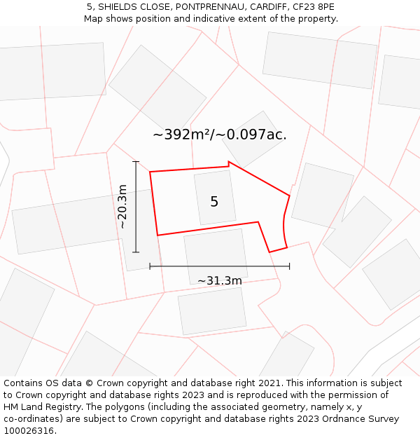 5, SHIELDS CLOSE, PONTPRENNAU, CARDIFF, CF23 8PE: Plot and title map
