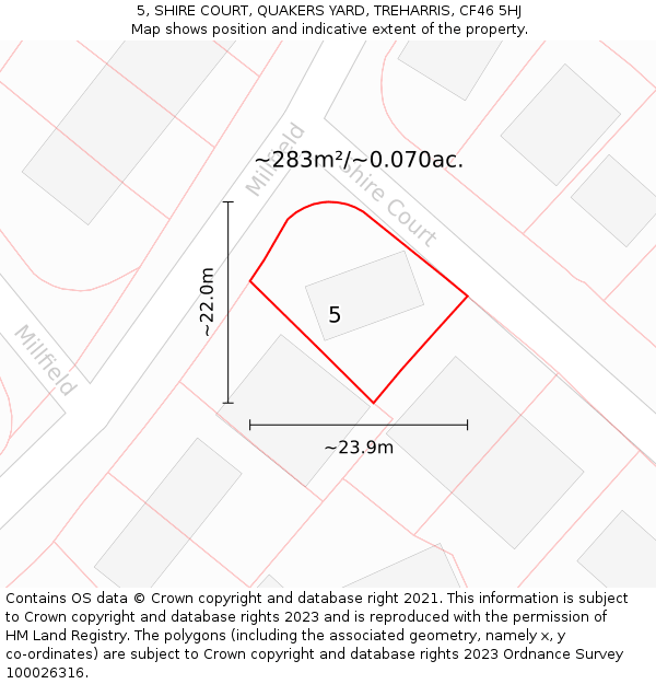 5, SHIRE COURT, QUAKERS YARD, TREHARRIS, CF46 5HJ: Plot and title map