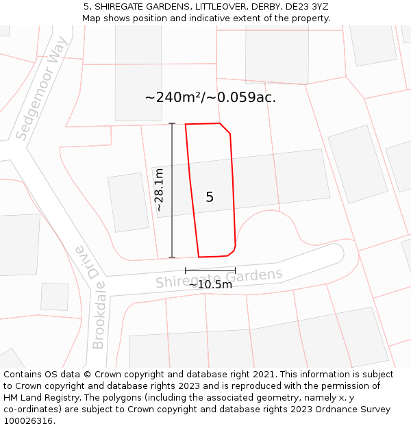 5, SHIREGATE GARDENS, LITTLEOVER, DERBY, DE23 3YZ: Plot and title map