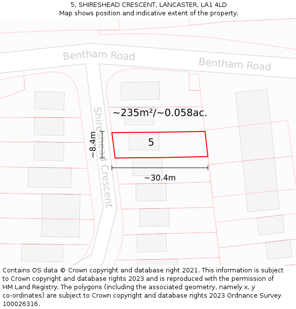 5, SHIRESHEAD CRESCENT, LANCASTER, LA1 4LD: Plot and title map