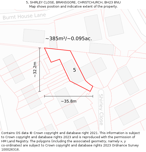 5, SHIRLEY CLOSE, BRANSGORE, CHRISTCHURCH, BH23 8NU: Plot and title map