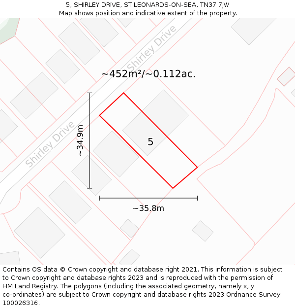 5, SHIRLEY DRIVE, ST LEONARDS-ON-SEA, TN37 7JW: Plot and title map