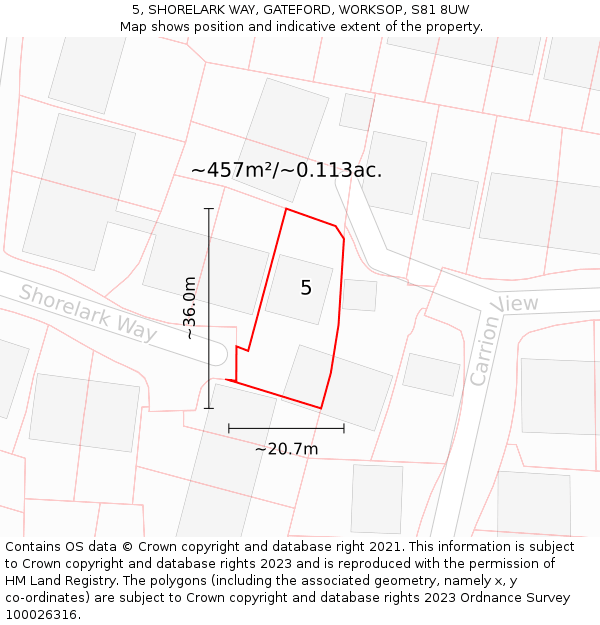 5, SHORELARK WAY, GATEFORD, WORKSOP, S81 8UW: Plot and title map