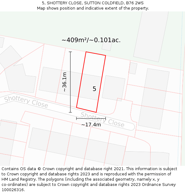 5, SHOTTERY CLOSE, SUTTON COLDFIELD, B76 2WS: Plot and title map