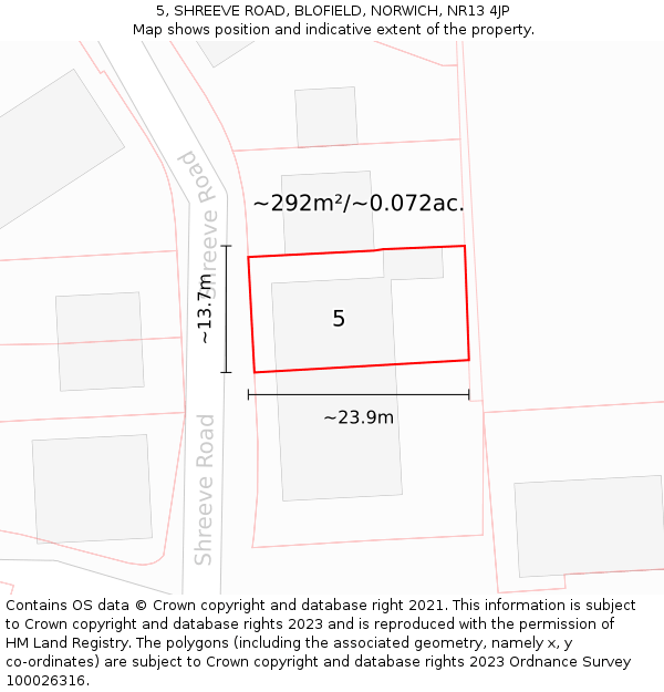 5, SHREEVE ROAD, BLOFIELD, NORWICH, NR13 4JP: Plot and title map