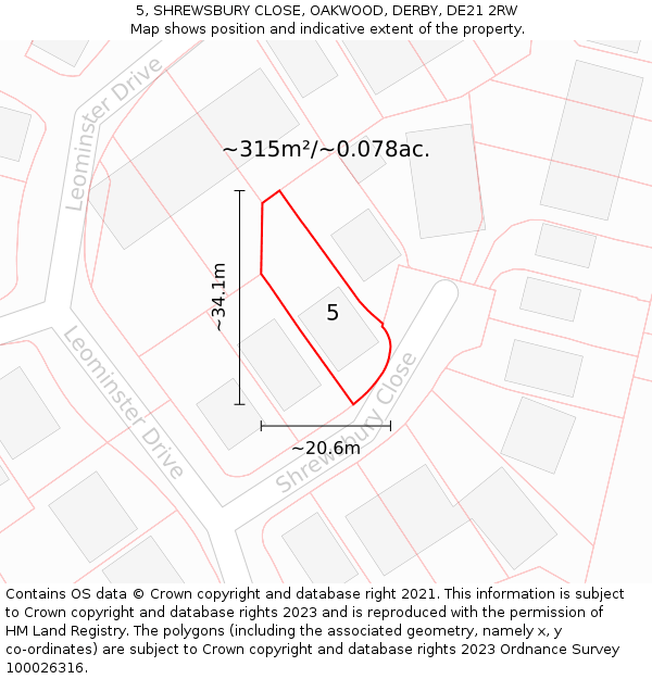 5, SHREWSBURY CLOSE, OAKWOOD, DERBY, DE21 2RW: Plot and title map