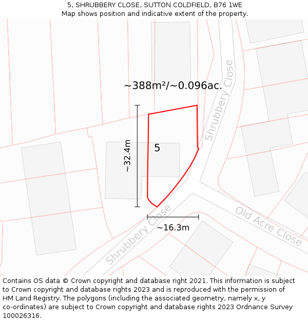 5, SHRUBBERY CLOSE, SUTTON COLDFIELD, B76 1WE: Plot and title map