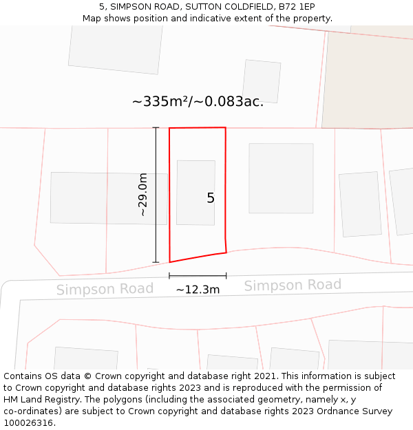 5, SIMPSON ROAD, SUTTON COLDFIELD, B72 1EP: Plot and title map