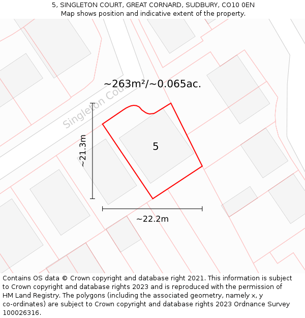 5, SINGLETON COURT, GREAT CORNARD, SUDBURY, CO10 0EN: Plot and title map