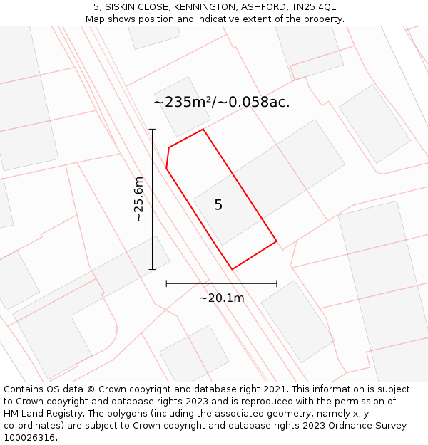 5, SISKIN CLOSE, KENNINGTON, ASHFORD, TN25 4QL: Plot and title map