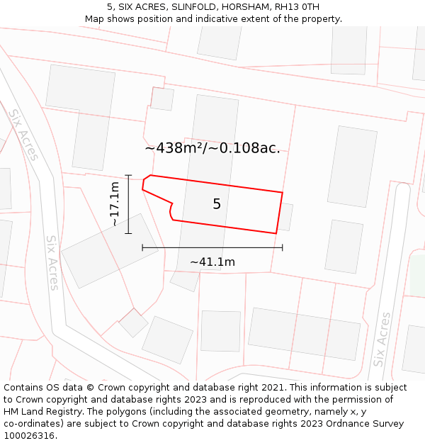 5, SIX ACRES, SLINFOLD, HORSHAM, RH13 0TH: Plot and title map