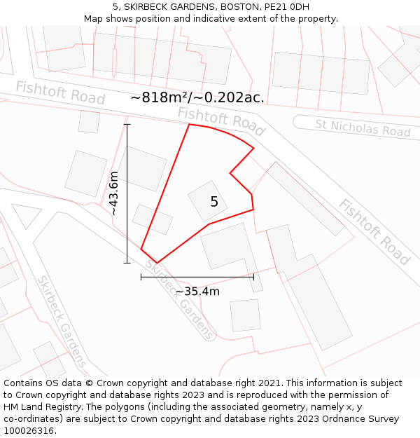 5, SKIRBECK GARDENS, BOSTON, PE21 0DH: Plot and title map