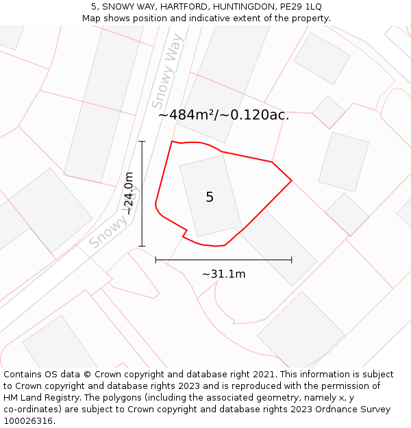 5, SNOWY WAY, HARTFORD, HUNTINGDON, PE29 1LQ: Plot and title map