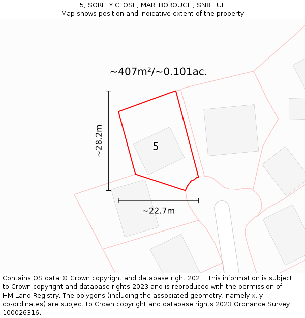 5, SORLEY CLOSE, MARLBOROUGH, SN8 1UH: Plot and title map