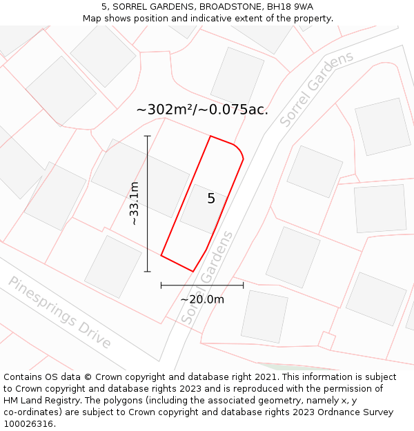 5, SORREL GARDENS, BROADSTONE, BH18 9WA: Plot and title map