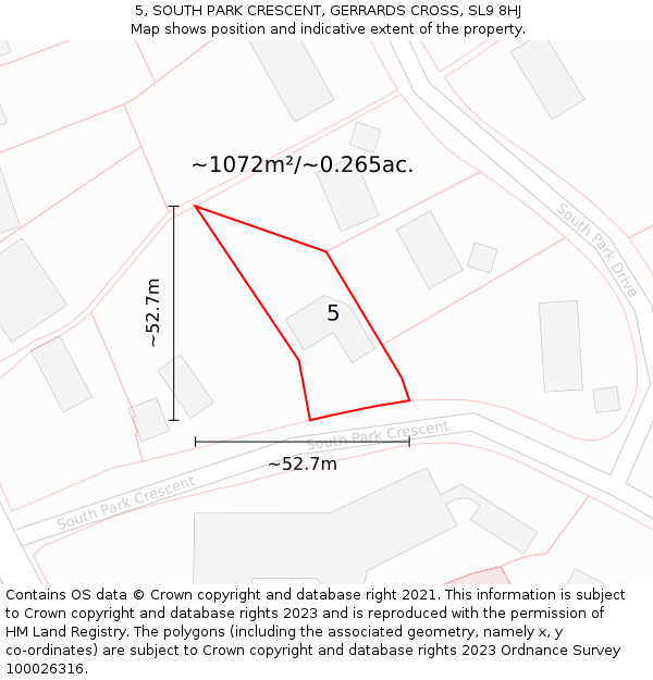 5, SOUTH PARK CRESCENT, GERRARDS CROSS, SL9 8HJ: Plot and title map