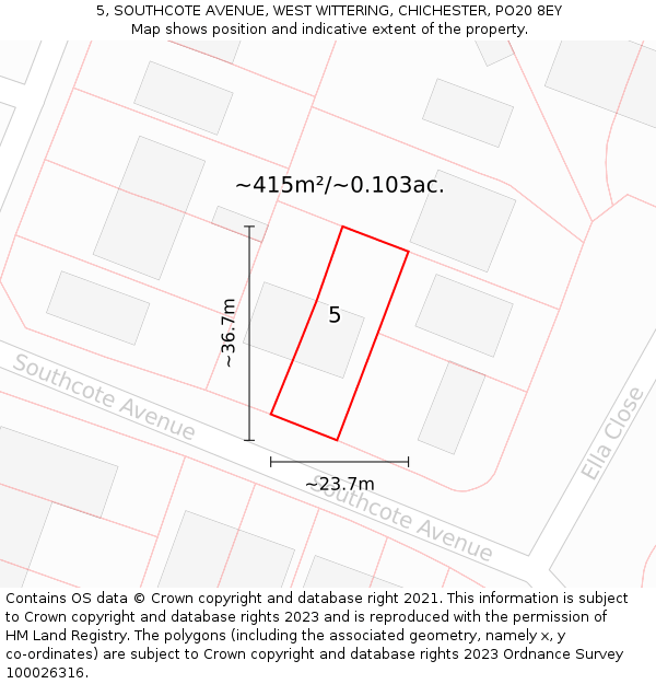 5, SOUTHCOTE AVENUE, WEST WITTERING, CHICHESTER, PO20 8EY: Plot and title map