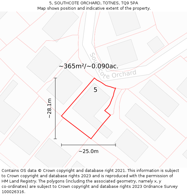 5, SOUTHCOTE ORCHARD, TOTNES, TQ9 5PA: Plot and title map