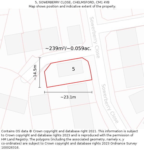 5, SOWERBERRY CLOSE, CHELMSFORD, CM1 4YB: Plot and title map
