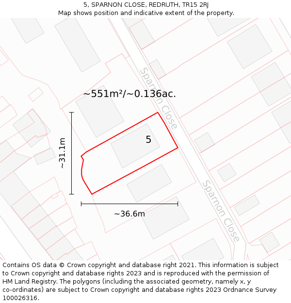 5, SPARNON CLOSE, REDRUTH, TR15 2RJ: Plot and title map