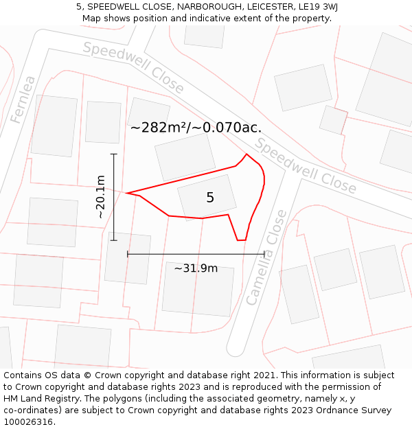 5, SPEEDWELL CLOSE, NARBOROUGH, LEICESTER, LE19 3WJ: Plot and title map