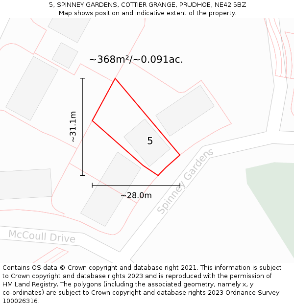 5, SPINNEY GARDENS, COTTIER GRANGE, PRUDHOE, NE42 5BZ: Plot and title map