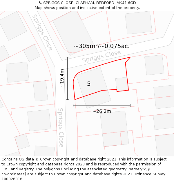 5, SPRIGGS CLOSE, CLAPHAM, BEDFORD, MK41 6GD: Plot and title map