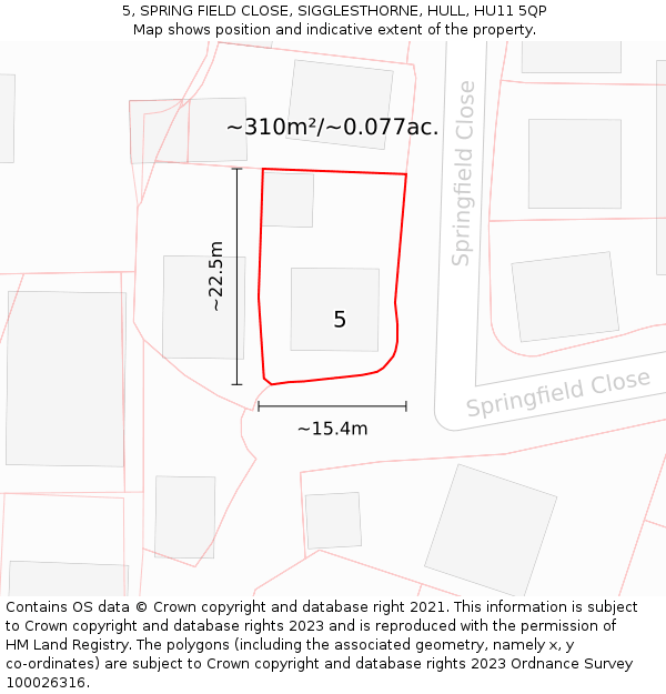 5, SPRING FIELD CLOSE, SIGGLESTHORNE, HULL, HU11 5QP: Plot and title map