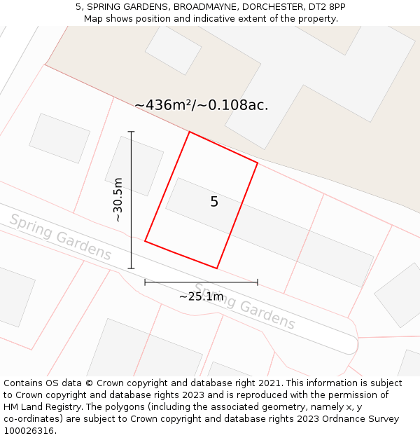 5, SPRING GARDENS, BROADMAYNE, DORCHESTER, DT2 8PP: Plot and title map