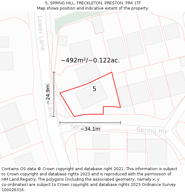 5, SPRING HILL, FRECKLETON, PRESTON, PR4 1TF: Plot and title map