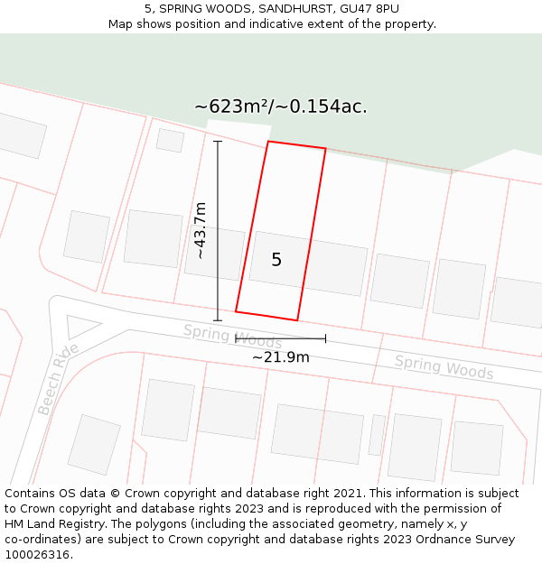 5, SPRING WOODS, SANDHURST, GU47 8PU: Plot and title map