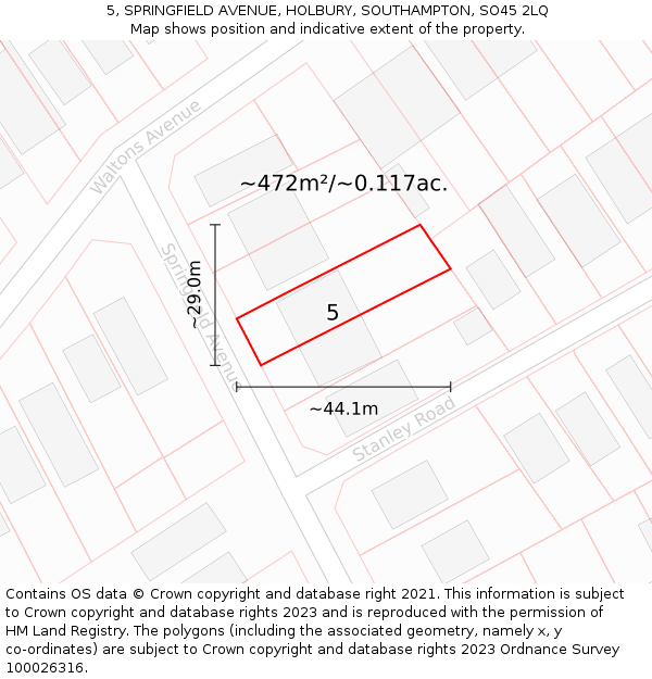 5, SPRINGFIELD AVENUE, HOLBURY, SOUTHAMPTON, SO45 2LQ: Plot and title map