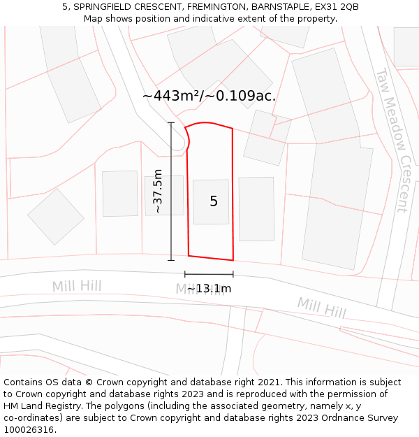 5, SPRINGFIELD CRESCENT, FREMINGTON, BARNSTAPLE, EX31 2QB: Plot and title map