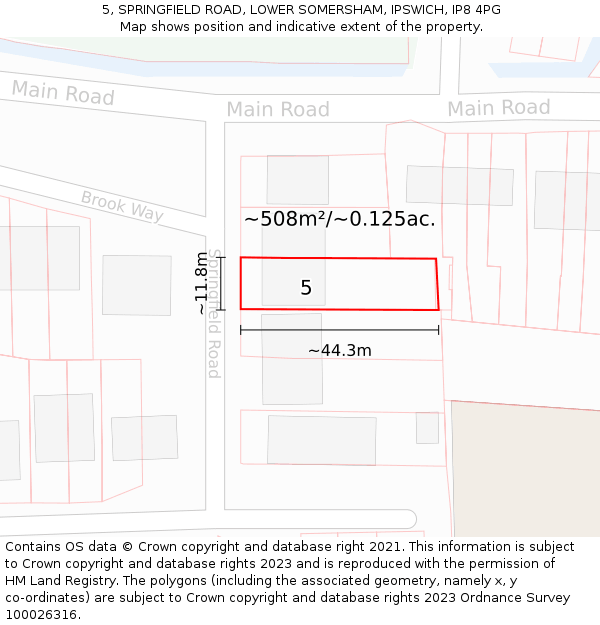 5, SPRINGFIELD ROAD, LOWER SOMERSHAM, IPSWICH, IP8 4PG: Plot and title map